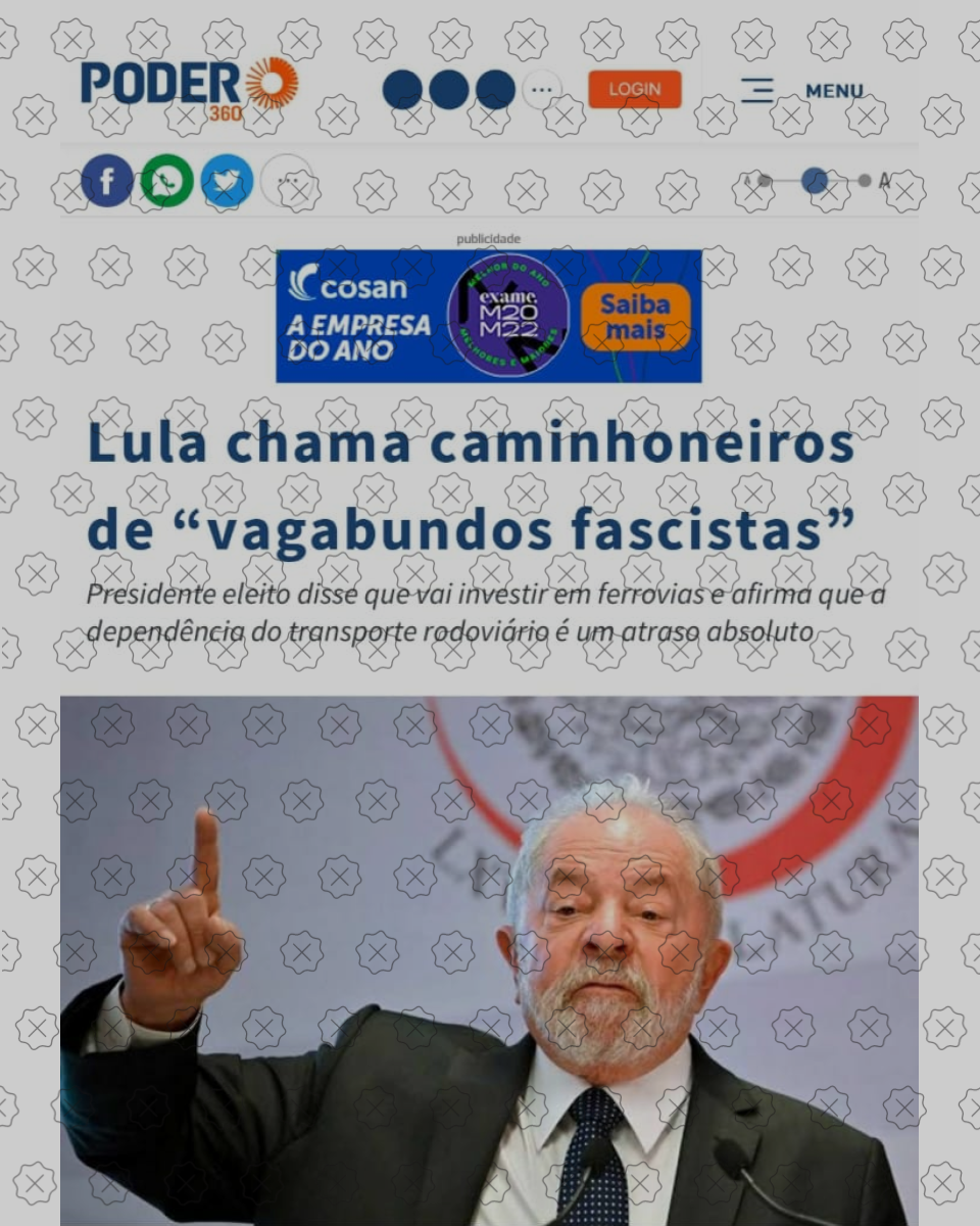 Imagem simula notícia do site Poder360 com a alegação falsa de que Lula chamou caminhoneiros de “vagabundos fascistas”