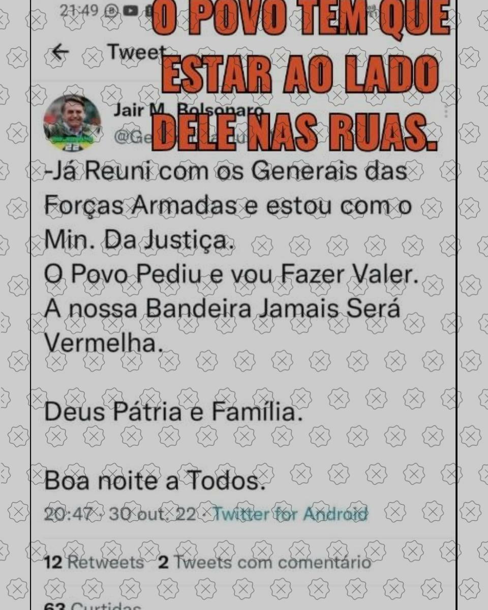 Tuíte falsamente atribuído ao presidente Jair Bolsonaro sobre encontro com generais e ministro da Justiça