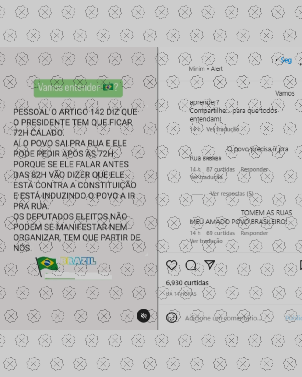 Mensagem com falsa afirmação de que Bolsonaro deve ficar calado por 72 horas para o povo se manifestar