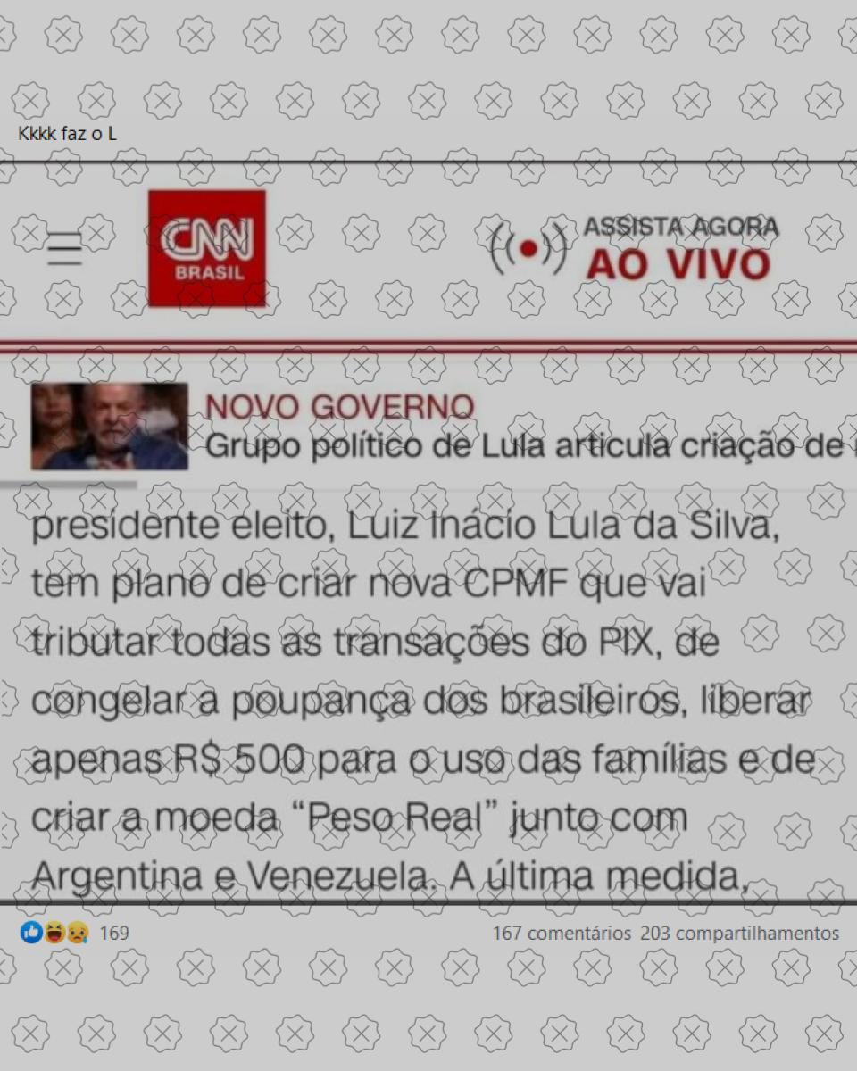 Trecho de checagem é tirado de contexto para sugerir que Lula pretende criar CPMF e taxar Pix