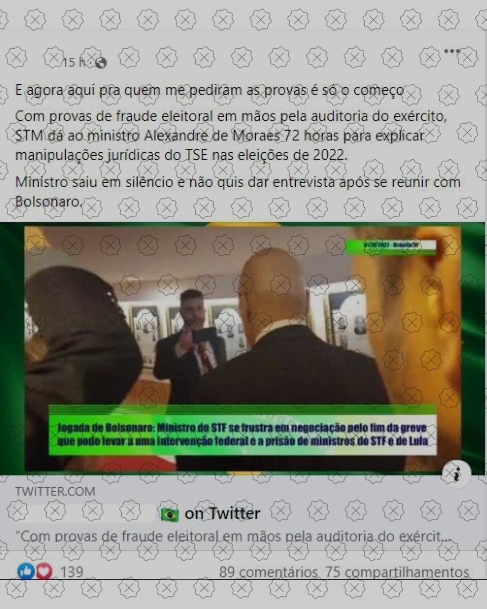 Postagem mente ao dizer que existe um relatório do Exército que comprova fraude eleitoral e que STM deu 72 horas para o ministro Alexandre de Moraes dar explicações