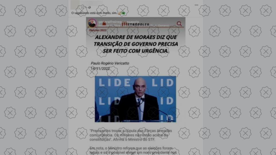Posts difundem montagem que simula matéria do Metrópoles para alegar que Moraes disse que a transição de governo precisa ser feita com urgência, o que é falso.