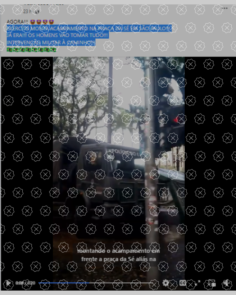Reprodu&ccedil;&atilde;o de postagem desinformativa que mente ao dizer que caminh&otilde;es do ex&eacute;rcito em S&atilde;o Paulo s&atilde;o para interven&ccedil;&atilde;o militar e n&atilde;o para ato humanit&aacute;rio.