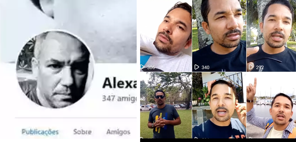 À esquerda, perfil de Alexandre Machado, que tem sobrancelhas mais grossas e olhos menos espaçados; à direita, vídeos com o rosto de Lima, que tem olhos menores, mais espaçados e sobrancelhas mais finas
