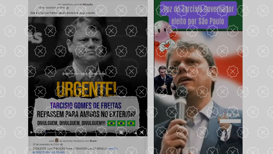 Reprodução de postagens que atribuem falsamente ao governador eleito de São Paulo, Tarcisio de Freitas, áudios apoiando golpe militar