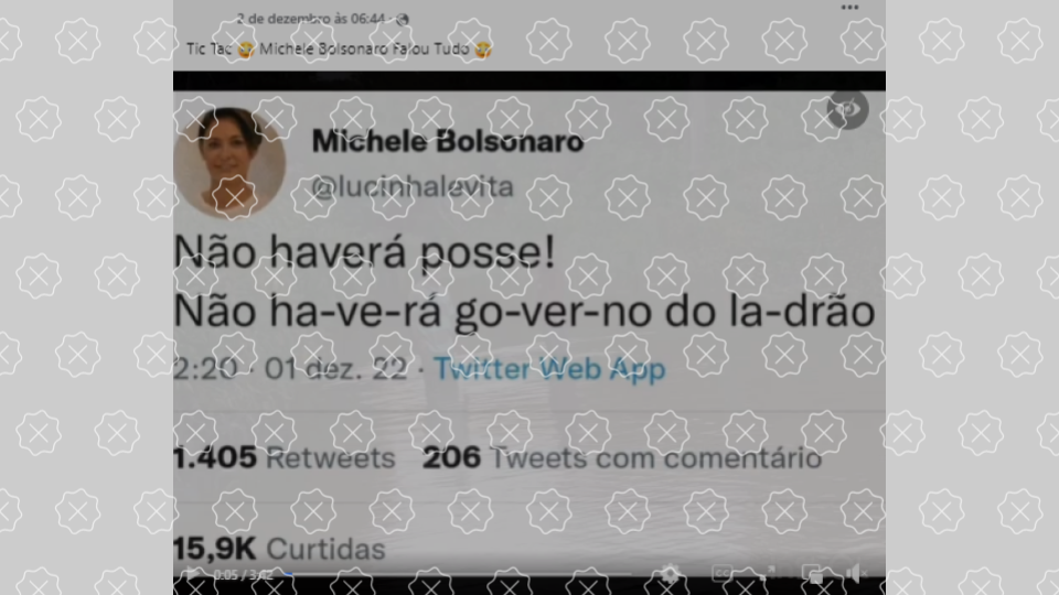 Reprodução de postagem desinformativa que engana ao dizer que MIchele Bolsonaro declarou que Lula não irá assumir presidência em 2023.