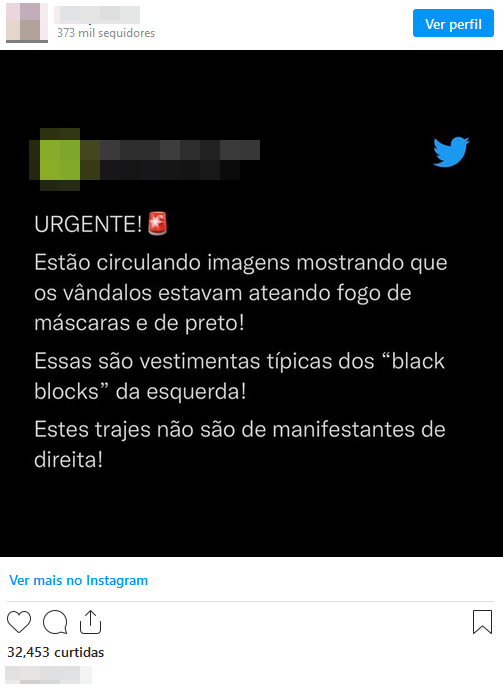 Tweet republicado no Instagram cita argumentos fracos para sugerir que vandalismo em Brasília foi ação de esquerdistas infiltrados