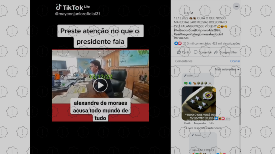 Publicações compartilham vídeo antigo para sugerir que Bolsonaro teria ameaçado o ministro Alexandre de Moraes recentemente