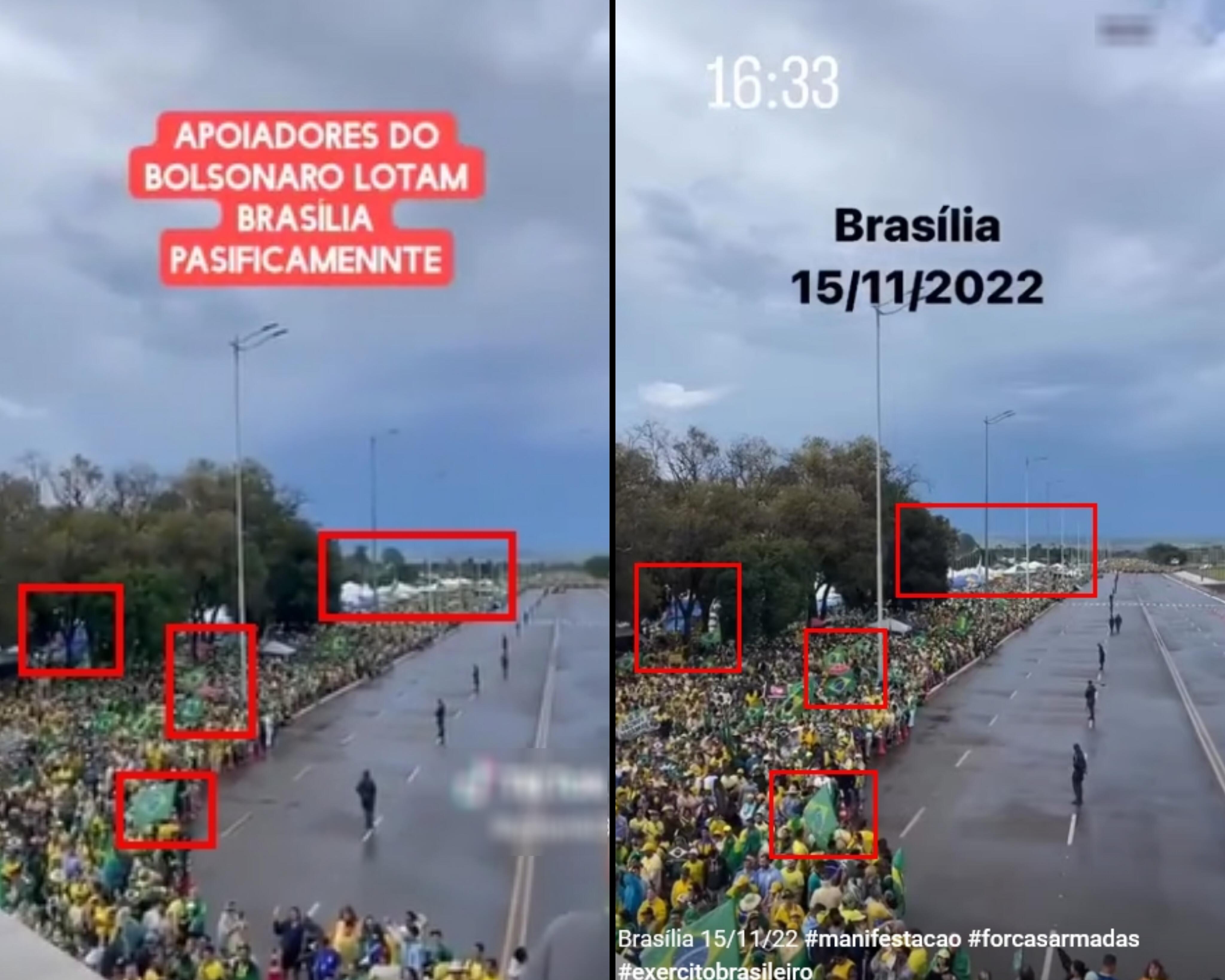 Comparativo mostra elementos idênticos entre o registro difundido pelas peças checadas e o um vídeo da manifestação realizada em 15 de novembro