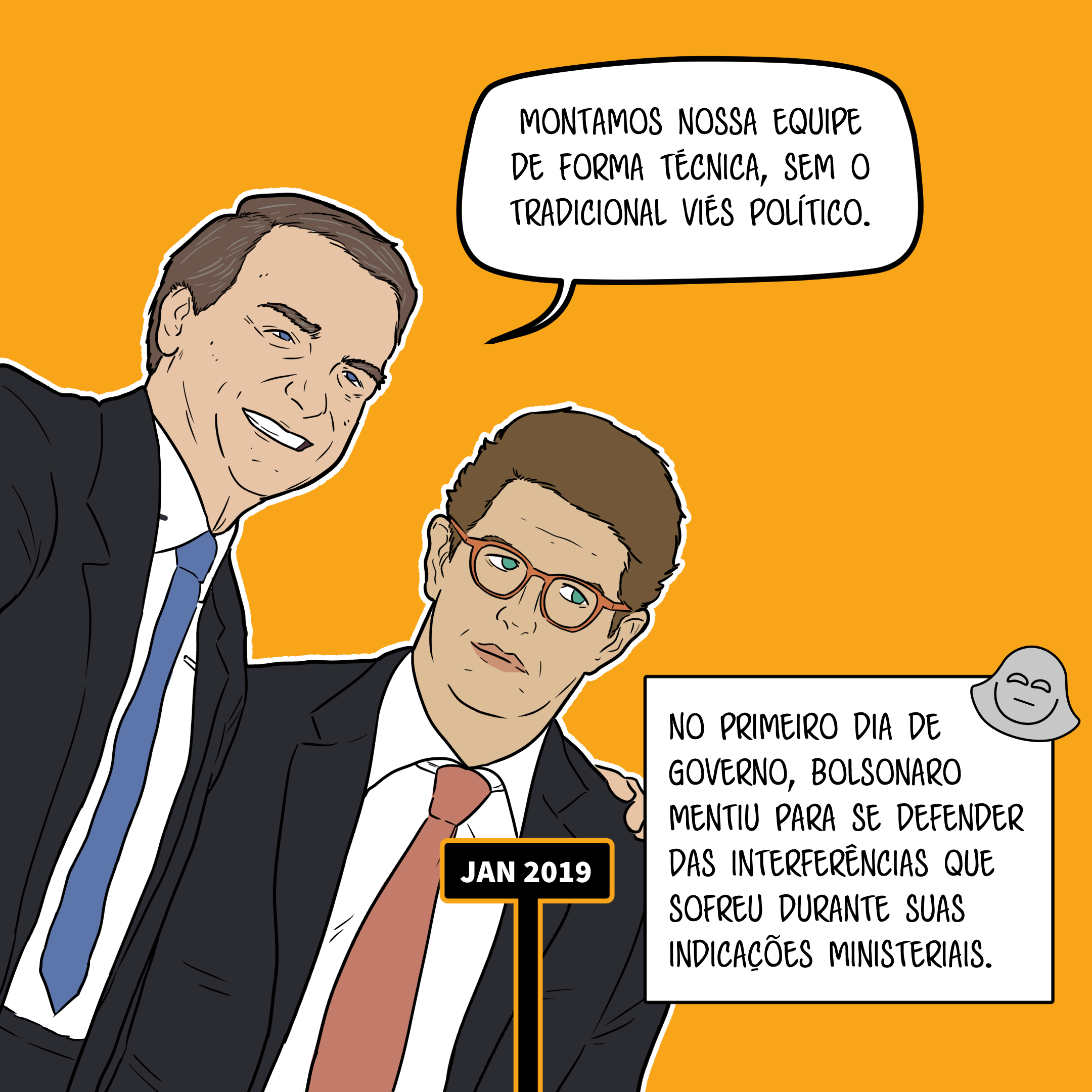 Bolsonaro abraça Ricardo Salles enquanto diz: Montamos nossa equipe de forma técnica, sem o tradicional viés político. Legenda diz: No primeiro dia, Bolsonaro mentiu para se defender das interferências que sofreu durante suas indicações ministeriais.