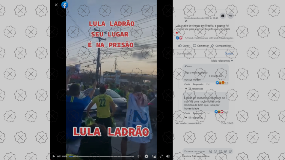 Vídeo gravado no Recife circula fora de contexto nas redes para afirmar que Lula foi recebido aos gritos em Brasília na véspera da posse