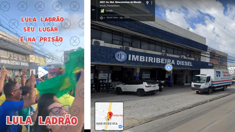 À esquerda, print da peça de desinformação mostra ao fundo a empresa Imbiribeira Diesel; à direita, print do Google Maps comprova que empresa está situada em Recife, e não Brasília