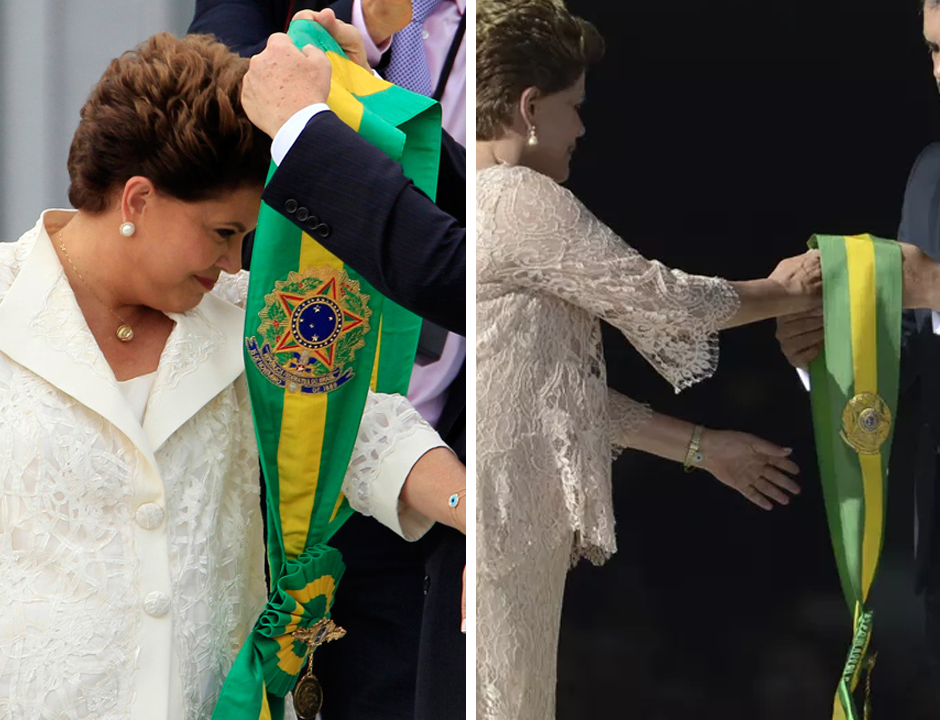 Comparação mostra a faixa recebida por Dilma na posse de 2011 e a usada por ela na posse de 2014