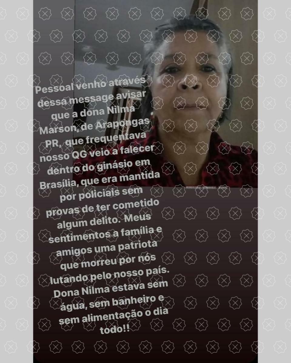 Posts difundem que uma senhora chamada Nilma Marson morreu no ginásio da PF em Brasília, o que é falso; Marson está viva e não participou de atos golpistas
