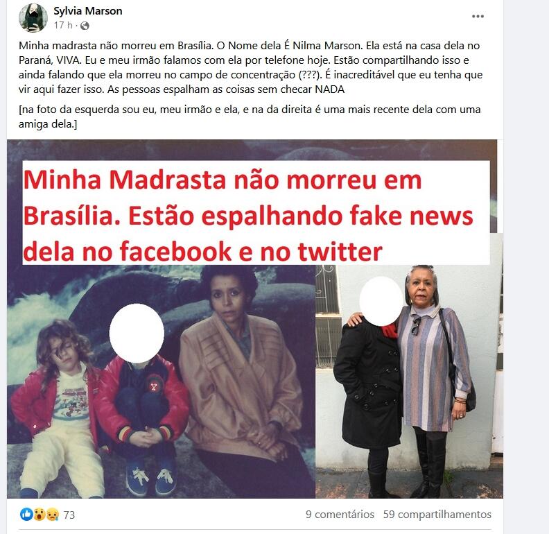 Enteada de Nilma Marson publica no Facebook que sua madrasta está viva e mora no Paraná
