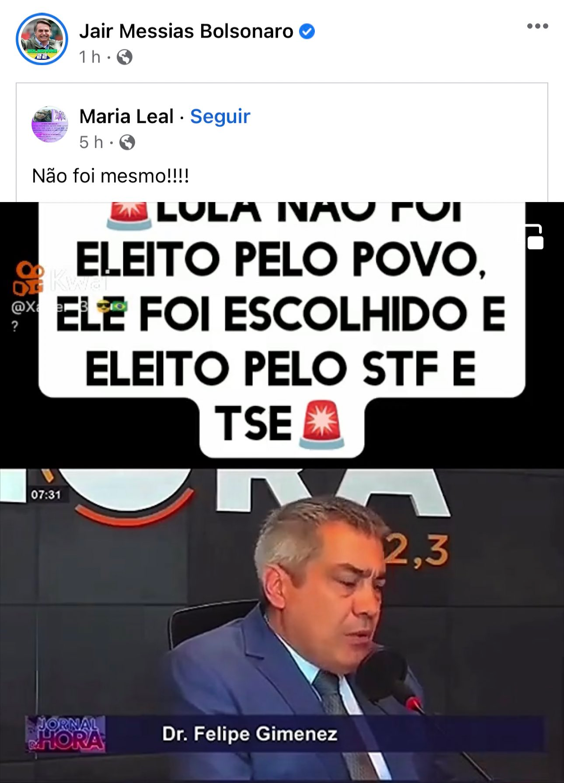 Print mostra vídeo compartilhado por Bolsonaro que traz legenda “Lula não foi eleito pelo povo, ele foi escolhido e eleito pelo STF e TSE”