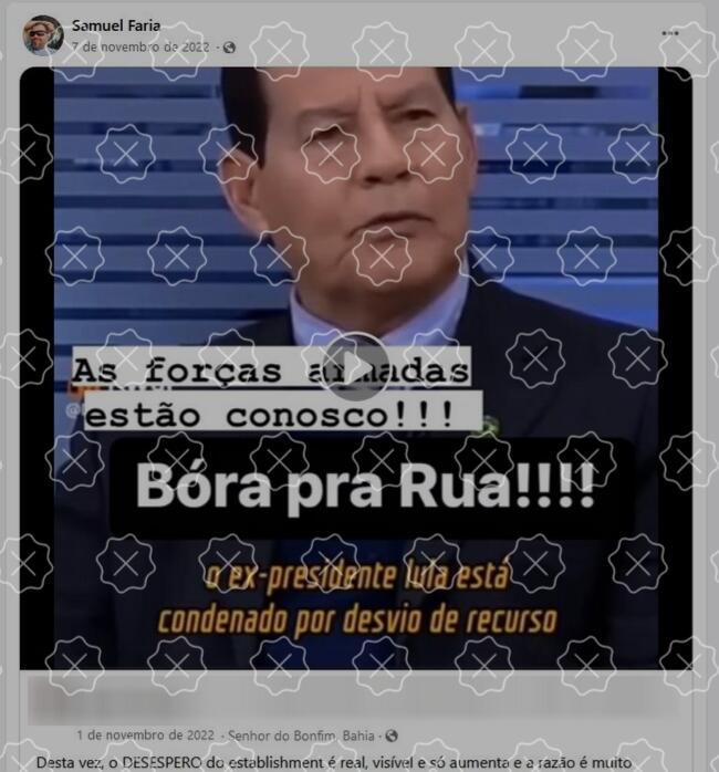ídeo editado em que o general Hamilton Mourão tece críticas a Lula; registro é de 2018 e foi descontextualizado