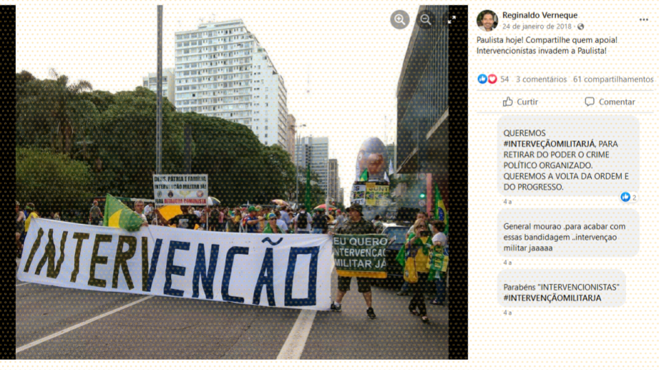 Post do Facebook em que Reginaldo Verneque mostra imagem de protesto na Avenida Paulista que pede por intervenção militar