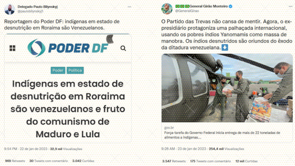 Imagem mostra tuítes desinformativos dos deputados eleitos Paulo Bilynskyj e Eliéser Girão