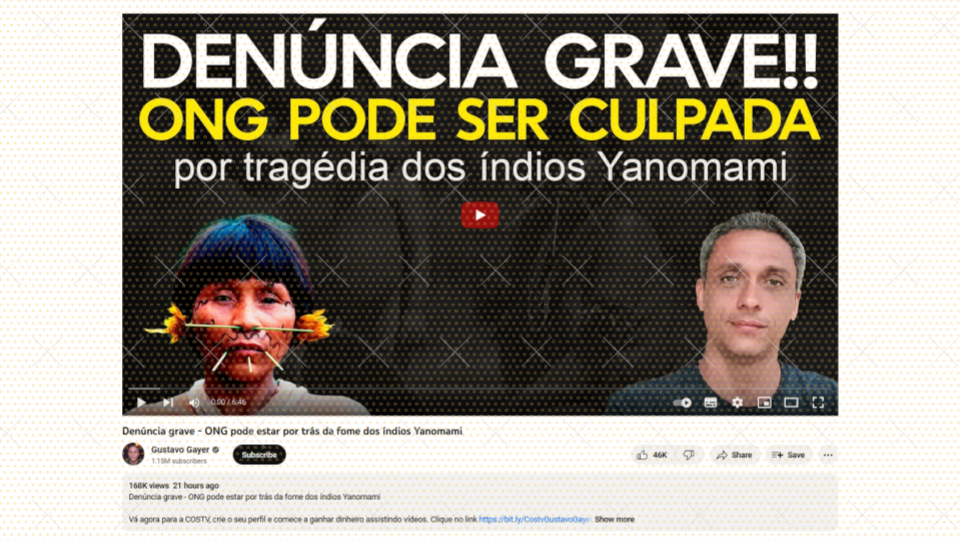 Print mostra vídeo publicado por Gayer intitulado ‘Denúncia grave!! ONG pode ser culpada por tragédia dos índios Yanomami’