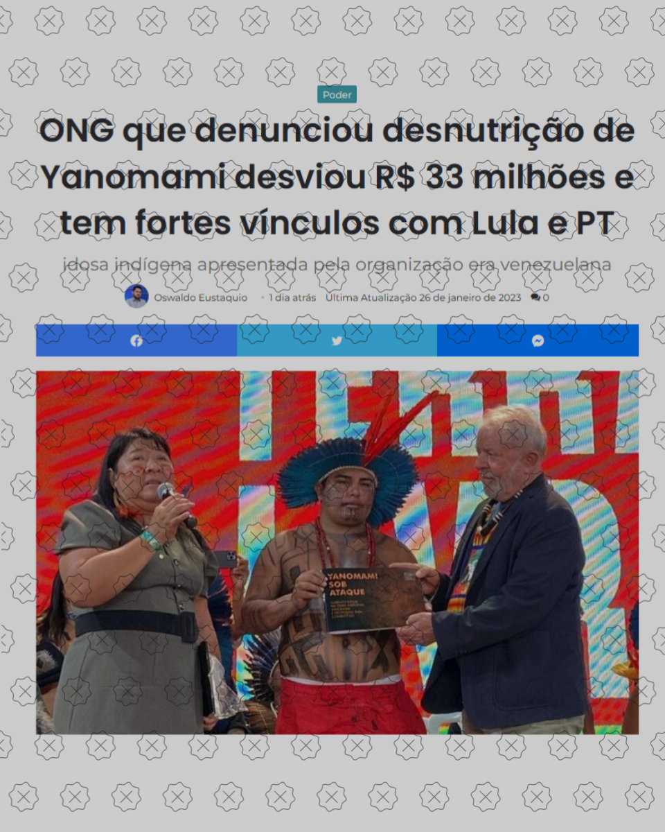 Reprodução de título do site Poder DF dizendo que “ONG que denunciou desnutrição de Yanomami desviou R$ 33 milhões”