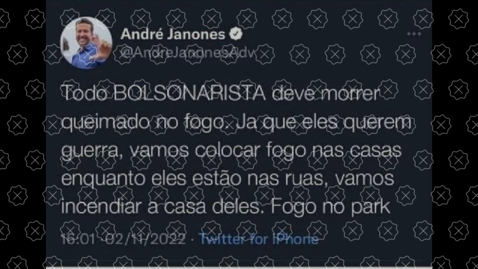 Print mostra tweet falso de Janones com o texto ‘todo bolsonarista deve morrer queimado no fogo’