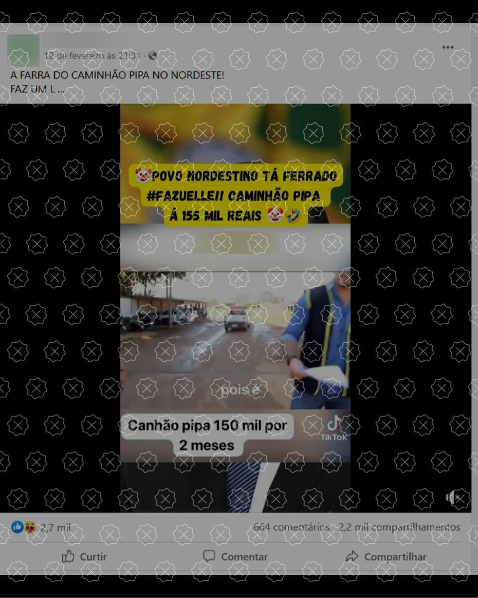 Vídeo em que vereador cita aluguel de carro-pipa a R$ 155 mil não tem relação com o governo Lula nem com a região Nordeste
