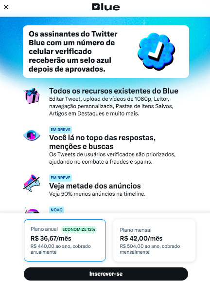 Reprodução do anúncio dos recursos oferecidos pela assinatura do Twitter Blue 