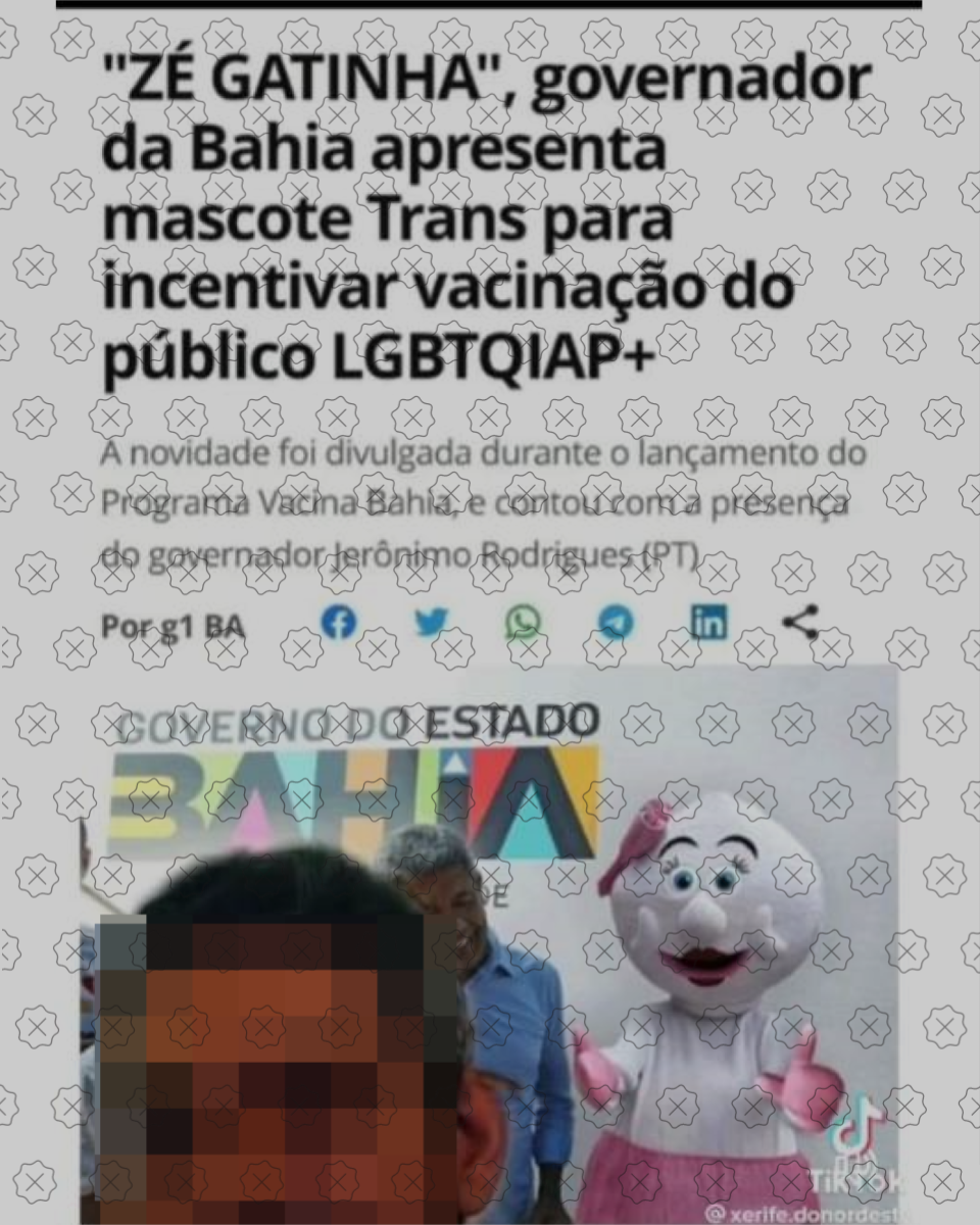 Peça faz uso de montagem para afirmar que governo baiano criou mascote trans para incentivar vacinação