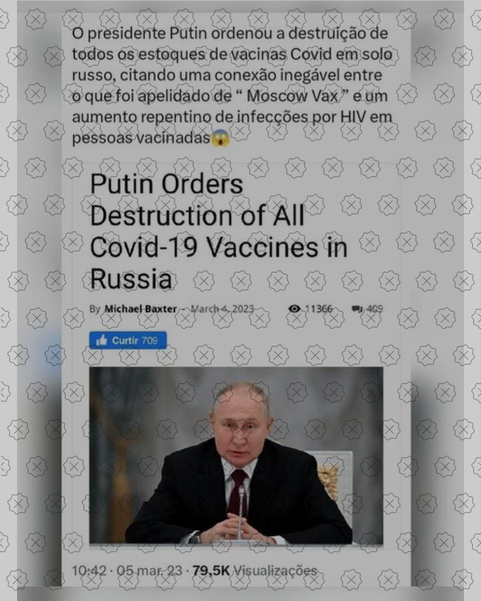 Posts enganam ao difundir que Putin ordenou a destruição de vacinas contra a Covid-19, o que é falso; trata-se de boato originado em site satírico
