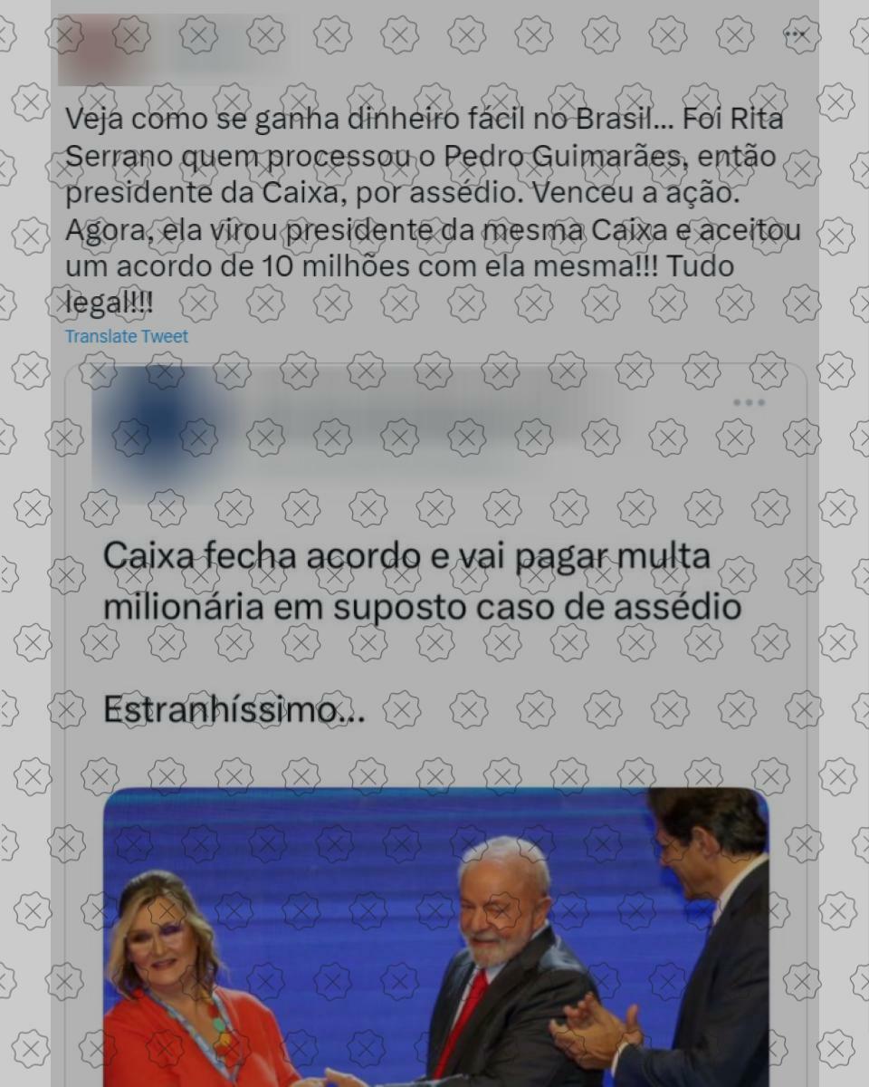 Posts enganam ao afirmar que Rita Serrano processou Pedro Guimarães e aprovou acordo de R$ 10 milhões em benefício próprio ao assumir a presidência da Caixa