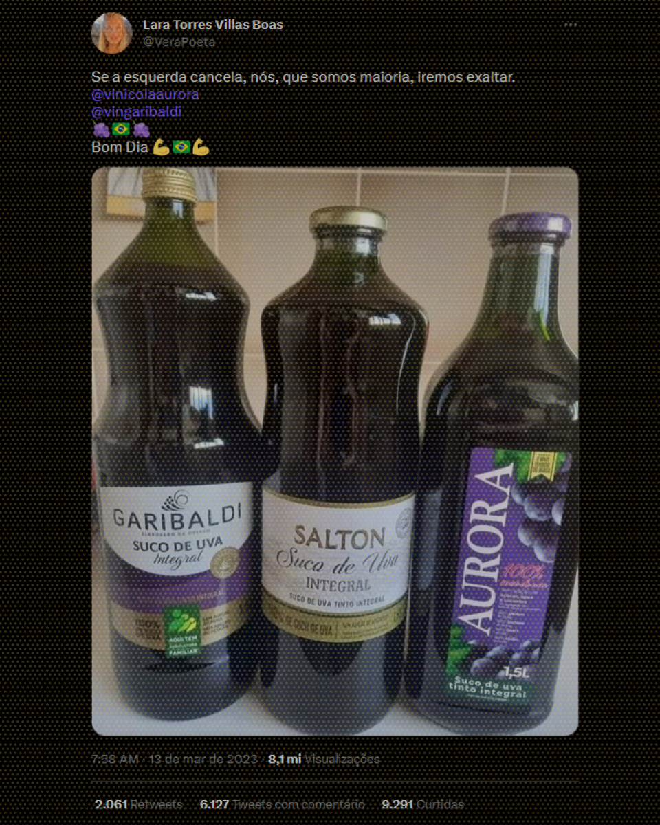Print mostra foto de três garrafas de suco de uva com legenda que diz ‘Se a esquerda cancela, nós, que somos maioria, iremos exaltar’