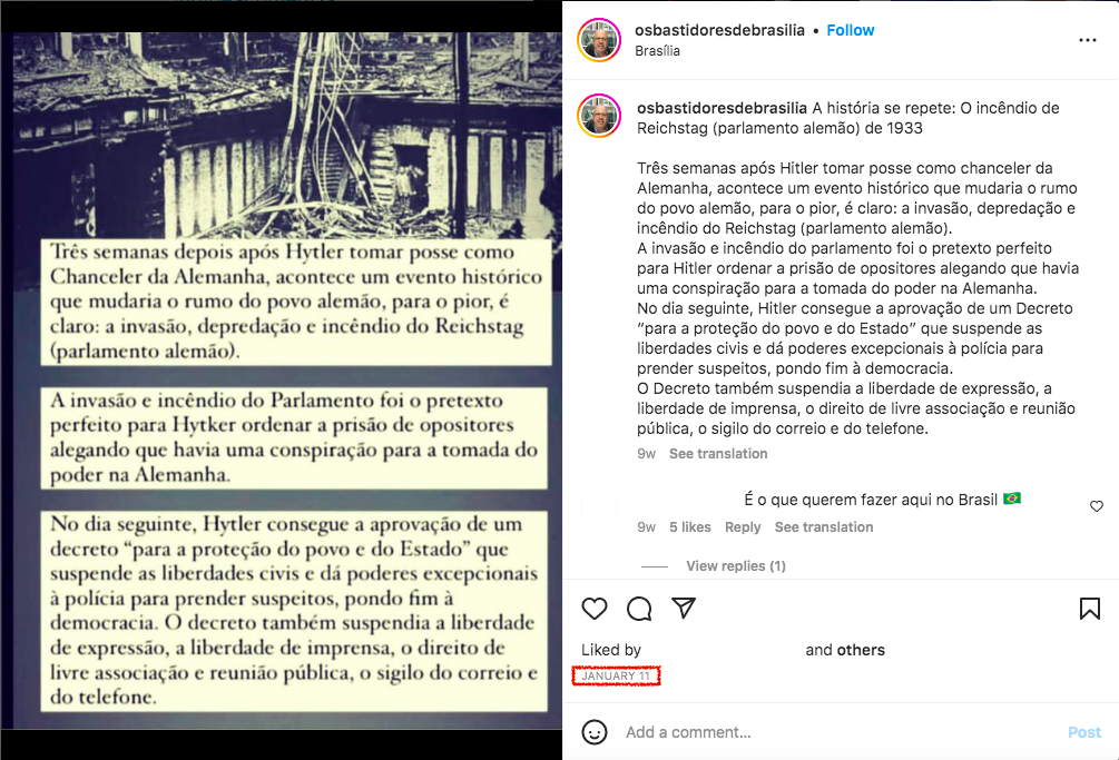 Publicação no Instagram da página Os Bastidores de Brasília difunde comparação enganosa entre nazismo e o contexto brasileiro em 11 de janeiro