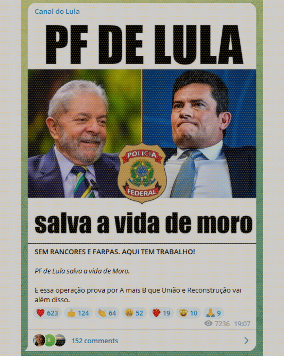 Print de postagem do Canal do Lula que diz que 'PF de Lula salva vida de Moro'