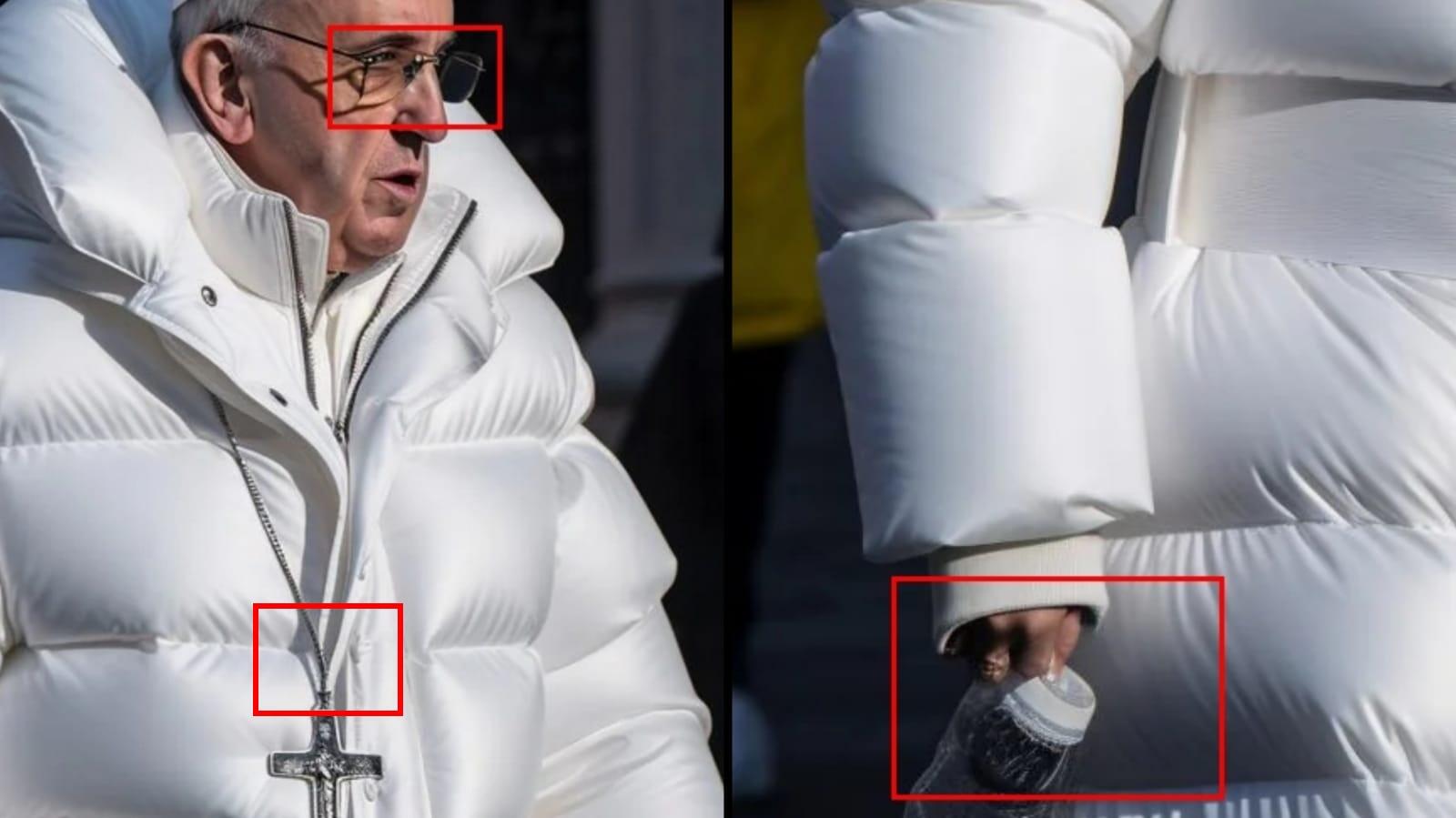 magem mostra inconsistências na foto do Papa Francisco que revelam criação artificial, tais como lentes de óculos tortas e mãos distorcidas.
