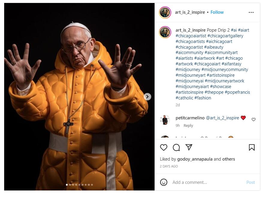 Print do Instagram de Pablo Xavier mostra que o artista também já utilizou o Midjourney para elaborar outras imagens do pontífice