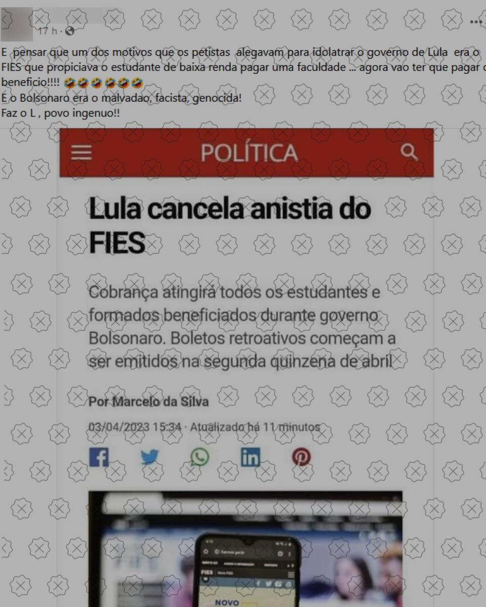 Posts difundem montagem que simula reportagem do G1 para afirmar que Lula cancelou renegociação de dívidas do Fies, o que é falso