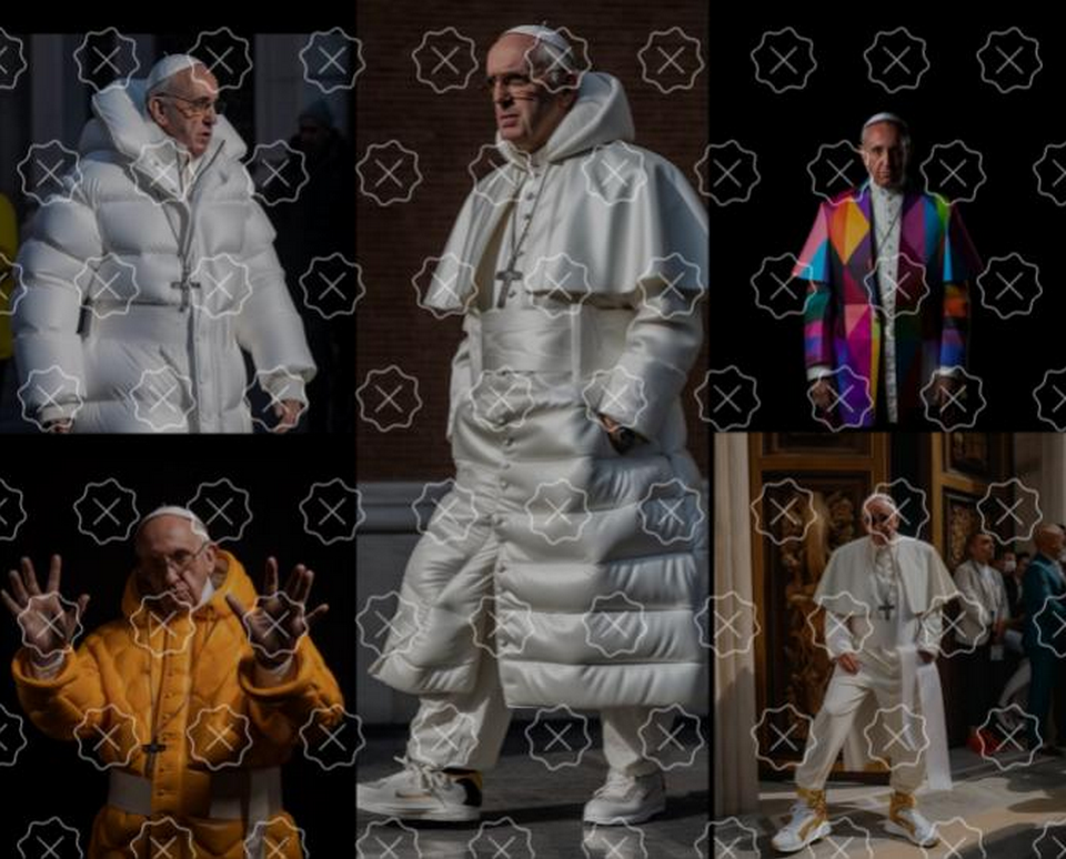 Imagem compila algumas fotos do papa Francisco criadas com o uso do Midjourney.