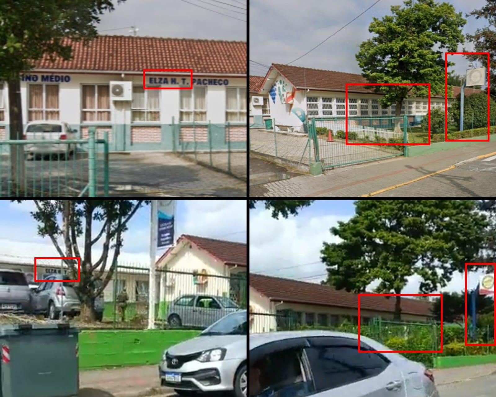 Comparativo entre frames do vídeo (abaixo) e imagens do Google Mapas (acima) mostra elementos idênticos, o que prova que o registro foi feito em frente a uma escola de Blumenau
