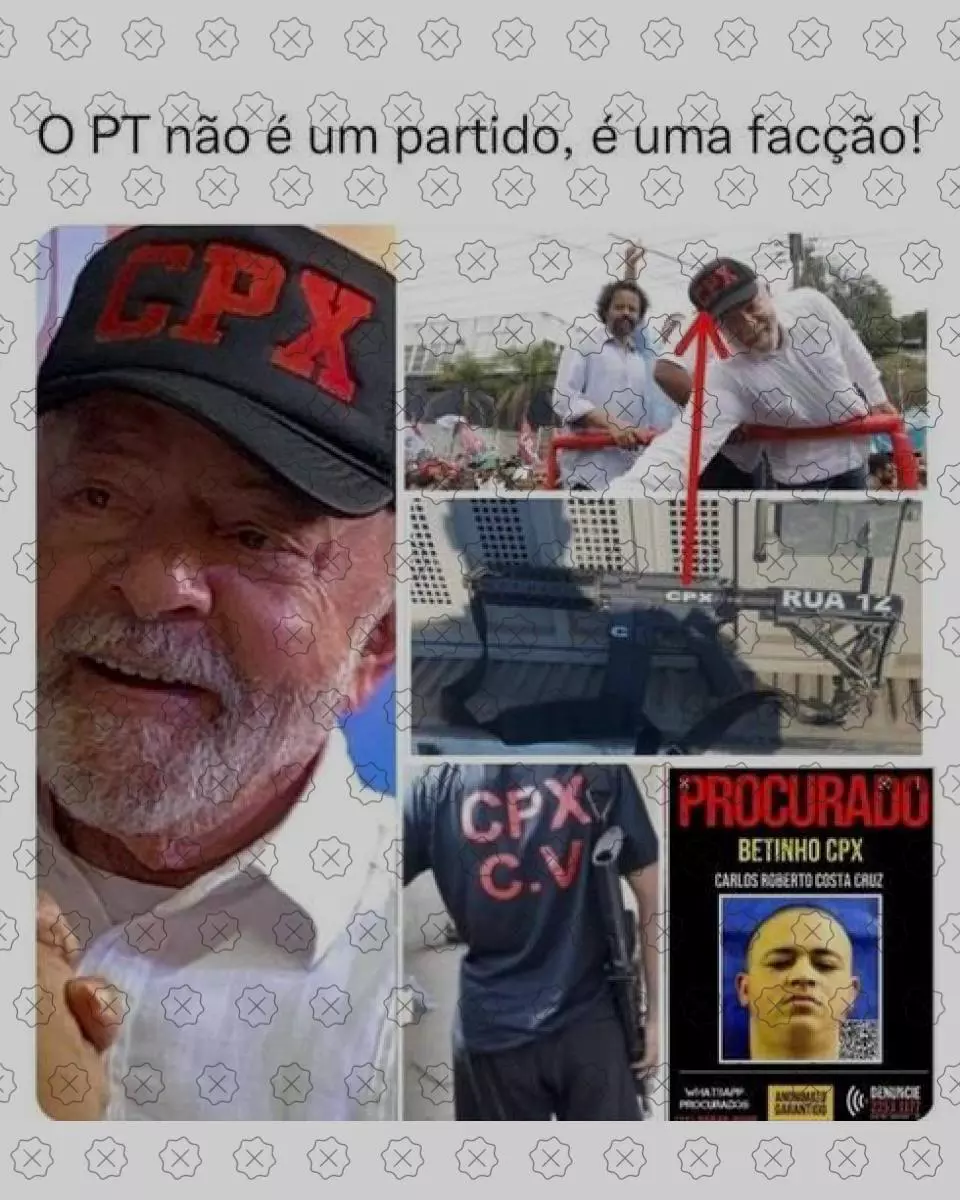 print de peça de desinformação que sugere que Lula teria conluio com facções criminosas por usar um boné com a sigla CPX