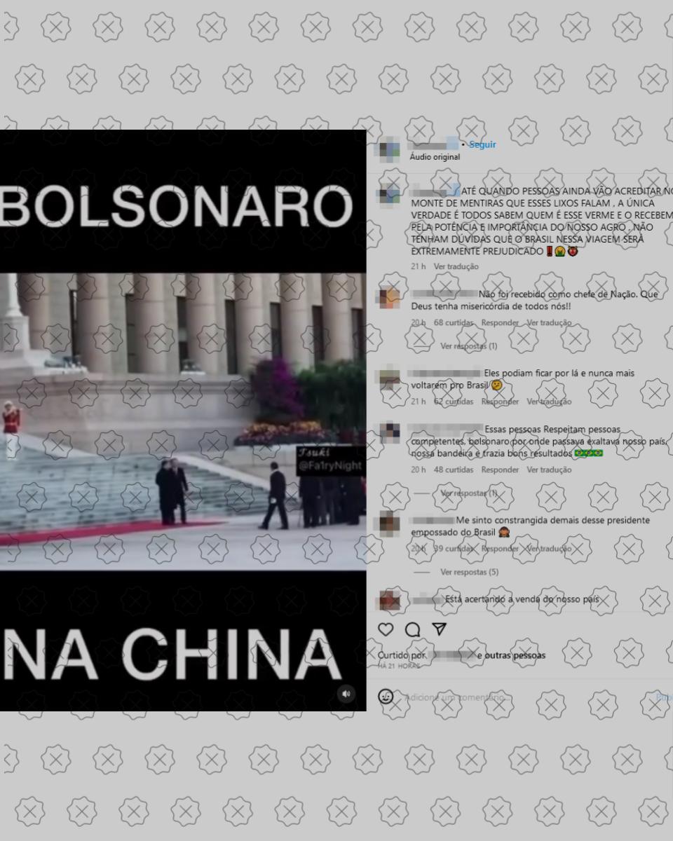 Vídeo compara imagens de eventos diferentes para sugerir que Bolsonaro teve recepção mais grandiosa do que Lula na China