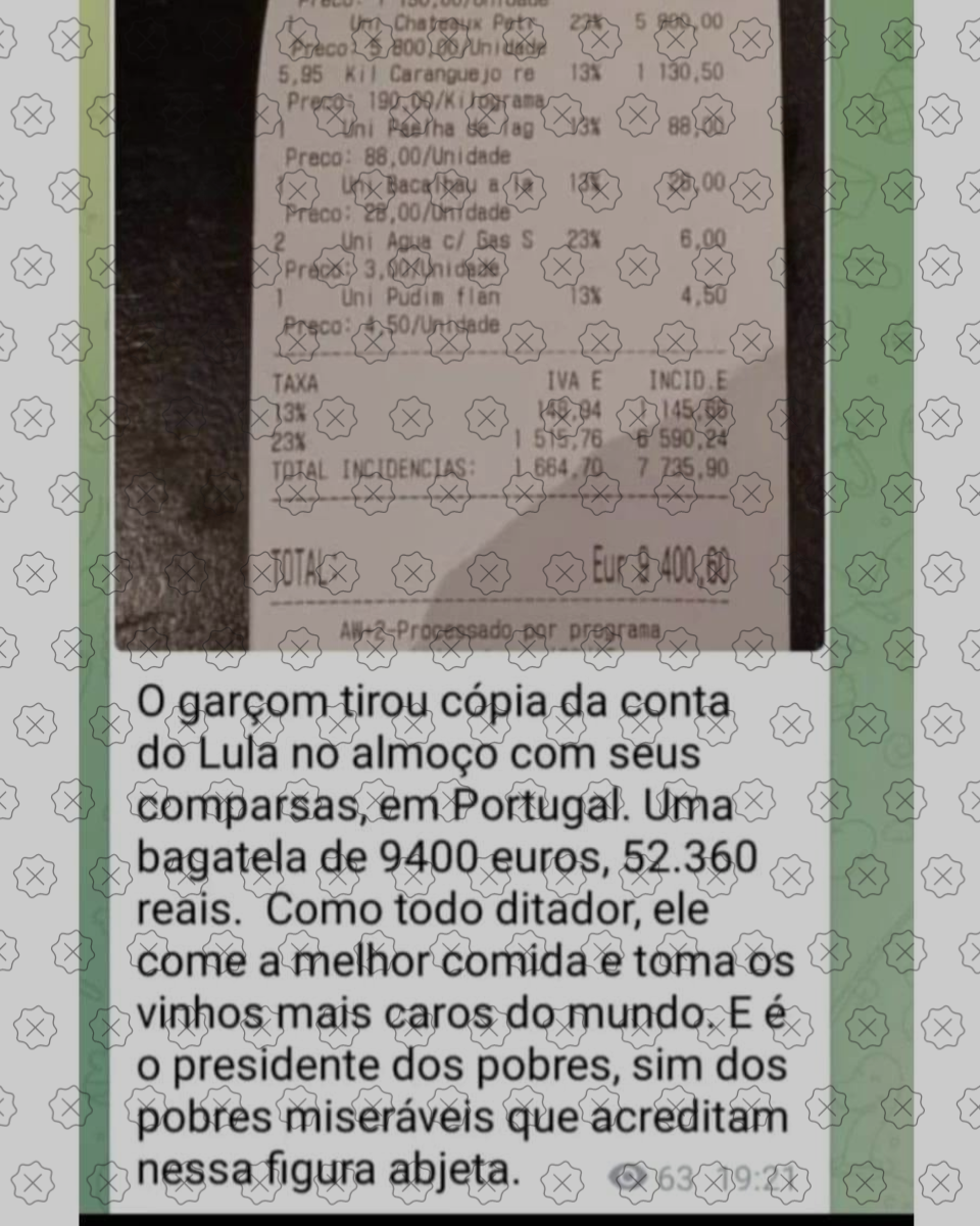Posts enganam ao atribuir ao presidente Lula uma conta de 9.400 euros em um restaurante português