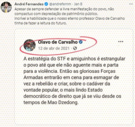 Tuíte do deputado federal André Fernandes (PL-CE) com uma mensagem de Olavo de Carvalho, na qual ele afirma que o STF força a população à violência.
