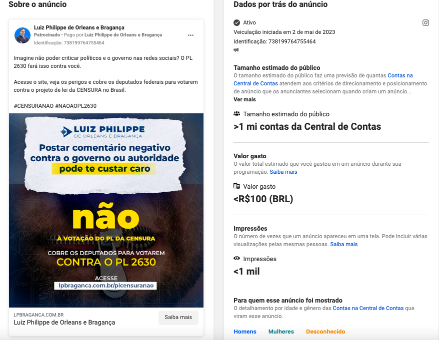 Anúncio do deputado Luiz Philippe de Orleans e Bragança (PL-SP) contra PL 2630/2020