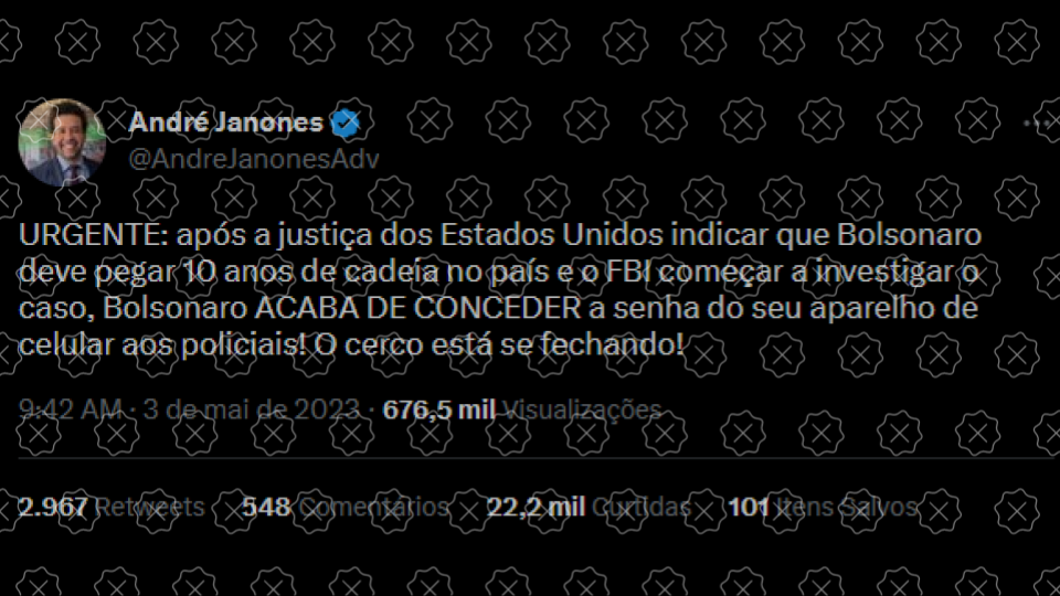 Janones engana ao dizer, em tuíte, que justiça americana condenou Bolsonaro e que FBI investiga o ex-presidente