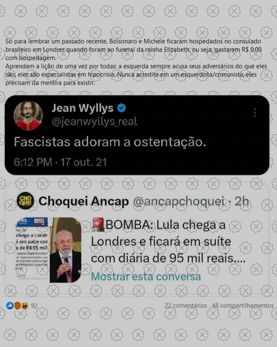 Post engana ao dizer que Lula gastou R$ 95 mil com diárias enquanto Bolsonaro não teve nenhuma despesa com hospedagem em Londres