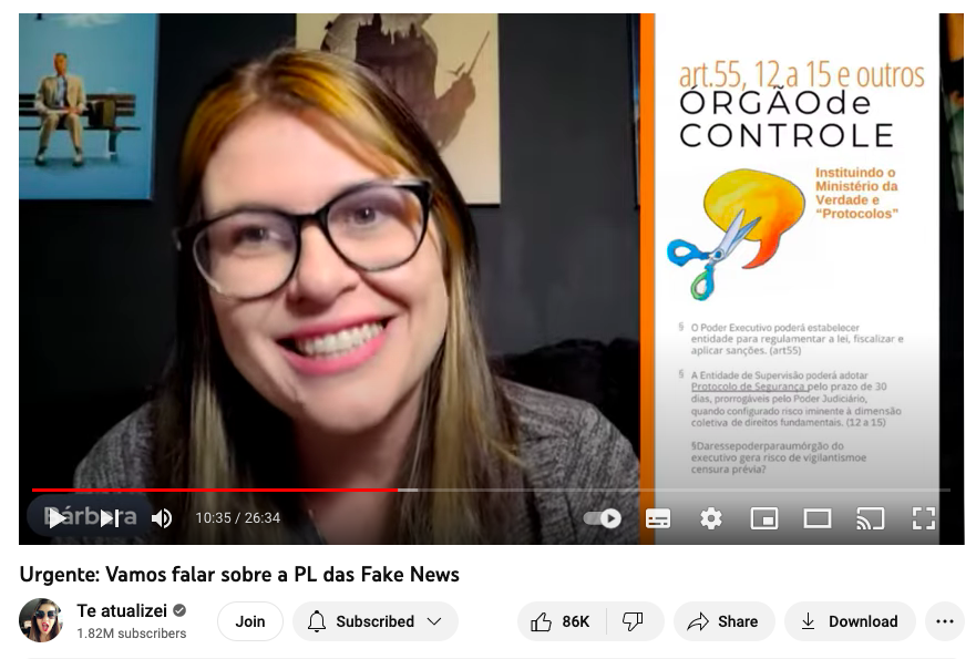 Vídeo do canal Te Atualizei desinforma sobre PL das Fake News