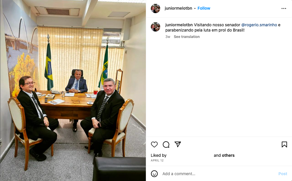 Post no Instagram mostra Júnior Melo com o senador Rogério Marinho em abril de 2023