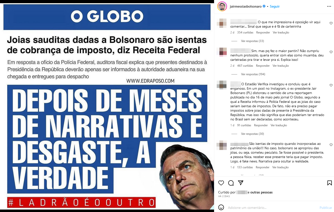 Bolsonaro publicou notícia do Globo com legenda ‘Depois de meses de narrativas e desgaste, a verdade’