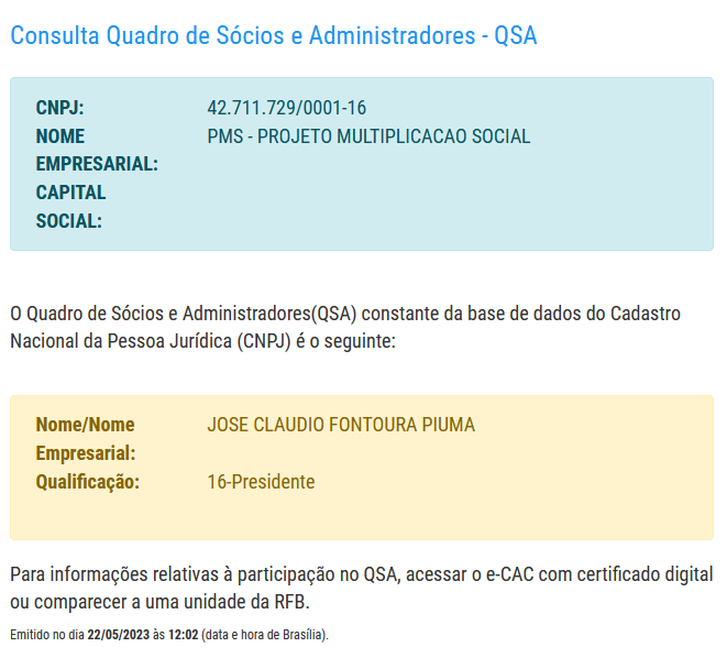 Site da receita atesta que apenas José Cláudio Fontoura Piuma é sócio da ONG